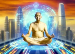 Người trưởng thành thiền định giữa cảnh quan đô thị hiện đại với các biểu tượng công nghệ AI nổi bật xung quanh.