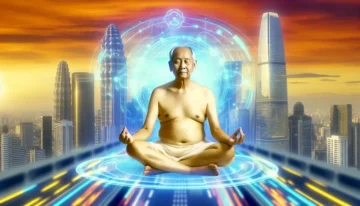 Người trưởng thành thiền định giữa cảnh quan đô thị hiện đại với các biểu tượng công nghệ AI nổi bật xung quanh.