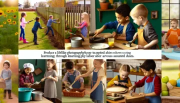 Diverse group of children engaging in a range of work-related activities.