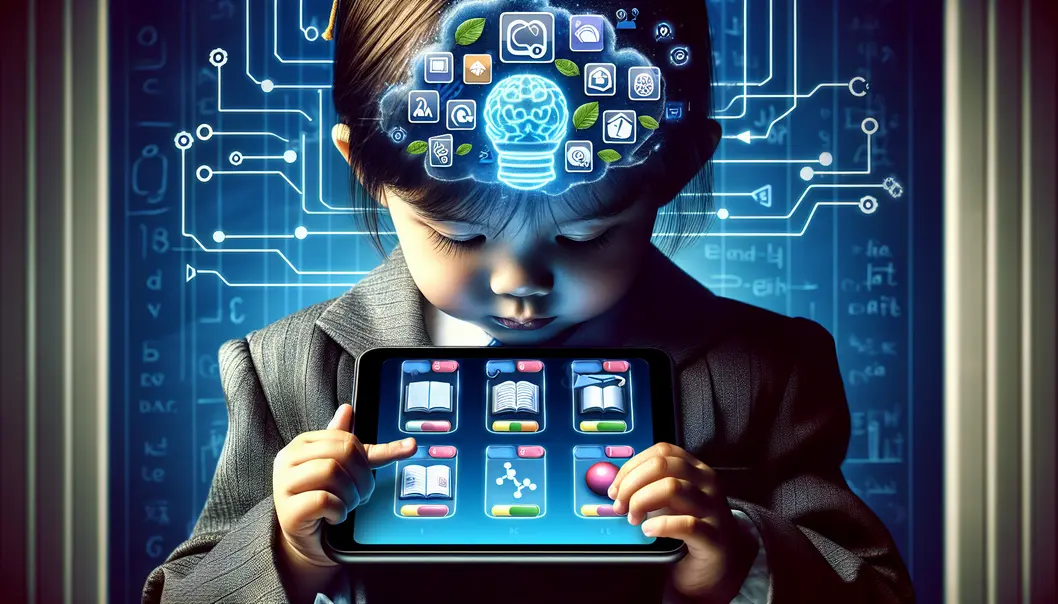 Illustration of a child engaging with AI-powered English learning apps.