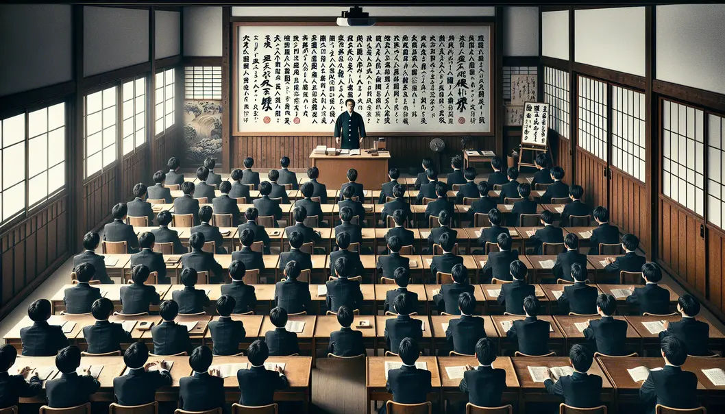 Japanese classroom emphasizing discipline and moral education through traditional values.