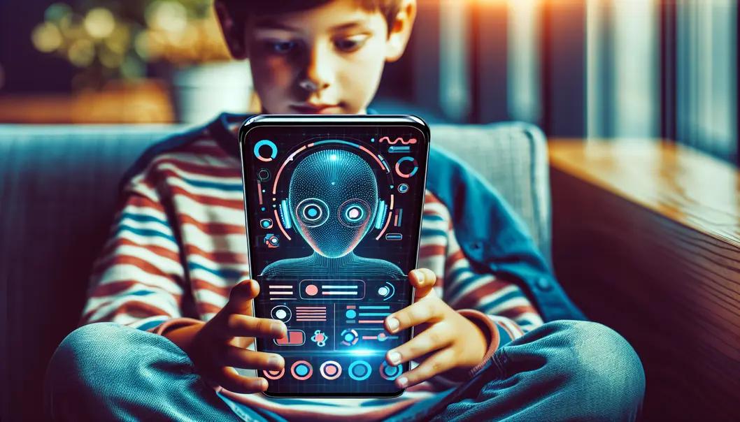 Illustration of a child engaging with AI-powered English learning apps.