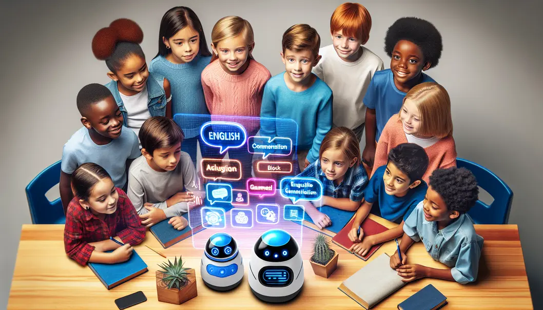Illustration of a child engaging with AI-powered English learning apps.