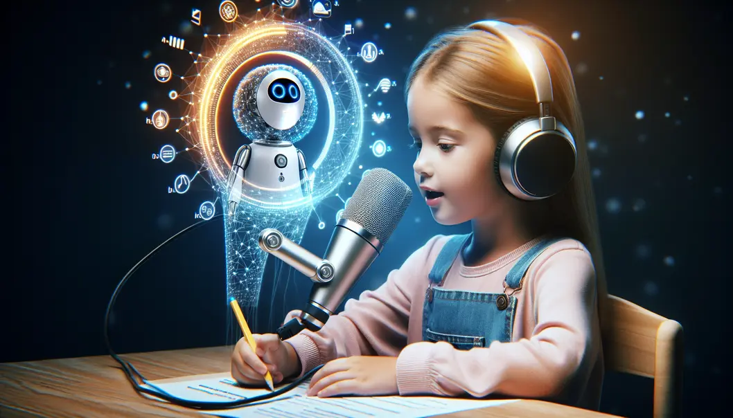 Illustration of a child engaging with AI-powered English learning apps.