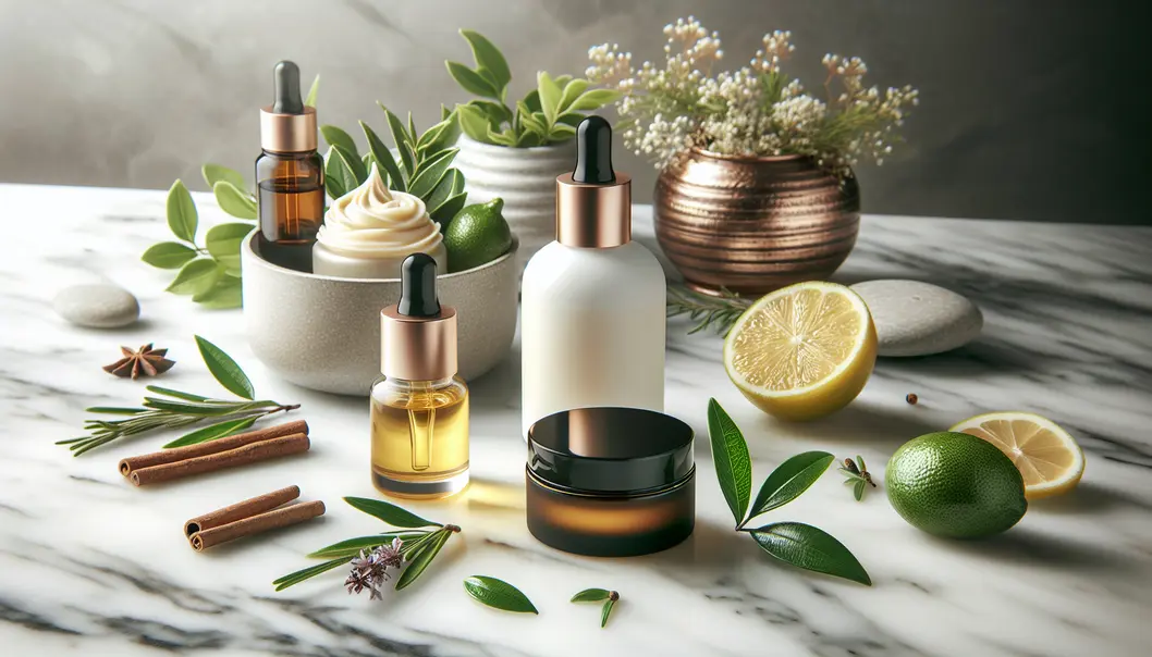 A collection of essential oil bottles with herbs and flowers.