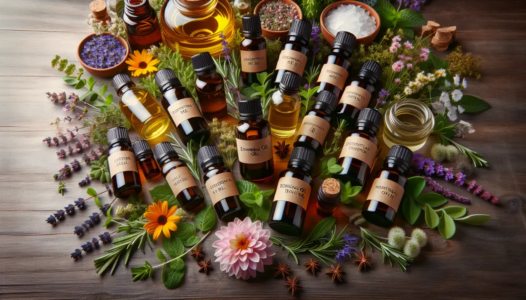 A collection of essential oil bottles with herbs and flowers.